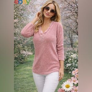 By Design- Soft V-Neck w Cable Accent  Chenille Sweater - in Blush Size Cond New